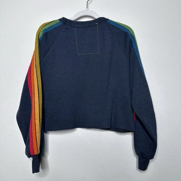 AVIATOR NATION Bolt Cropped Classic Five Stripe Crewneck Sweatshirt Charcoal S - Picture 5 of 6